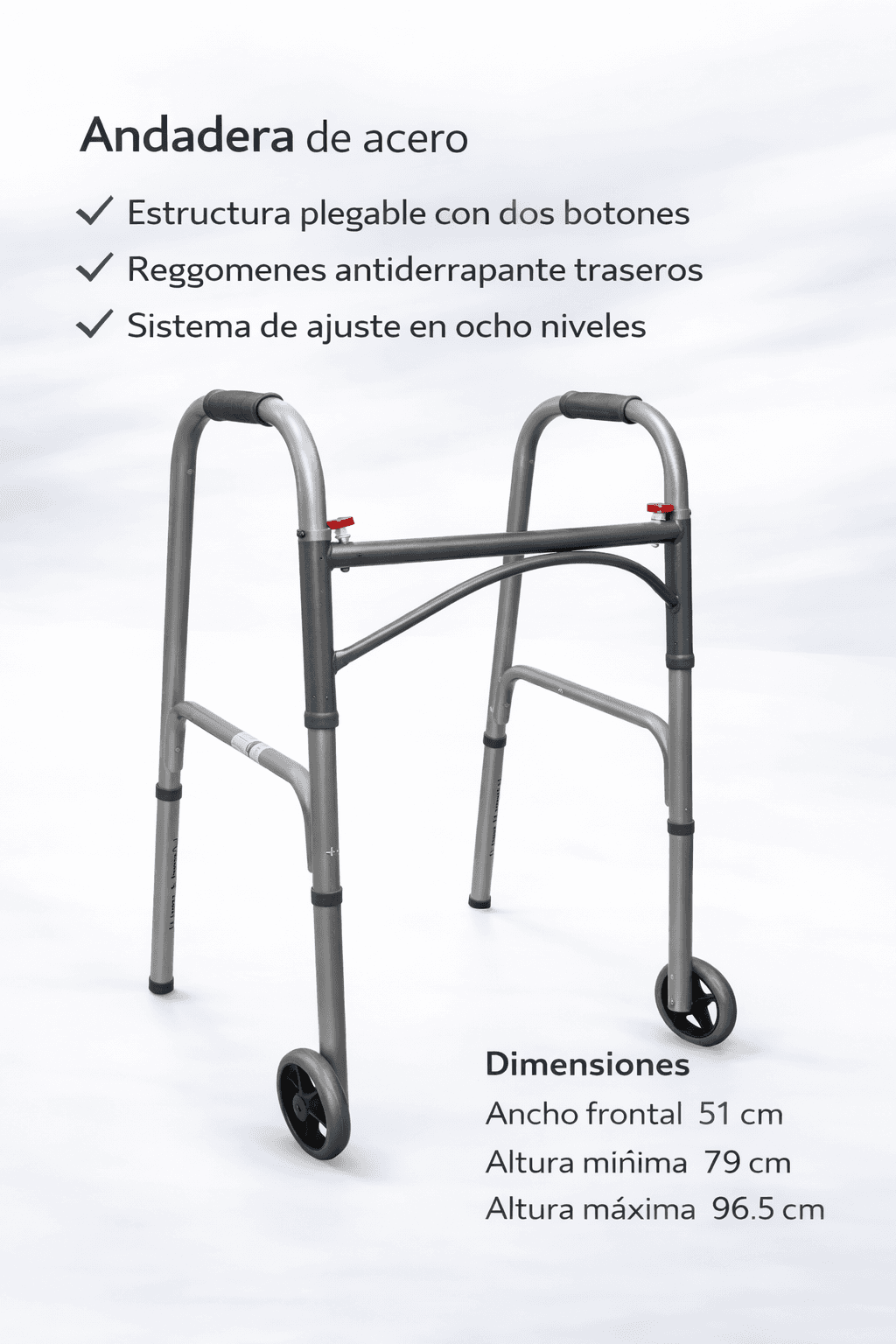 Andador economico con doble boton para plegado y ruedas - Vista 3